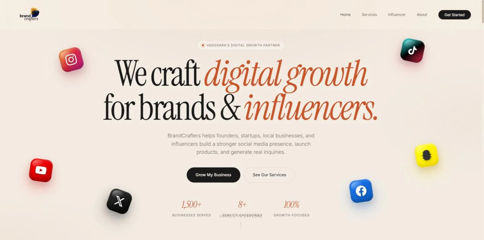 Preview of the BrandCrafters website, a social media marketing agency in Vadodara