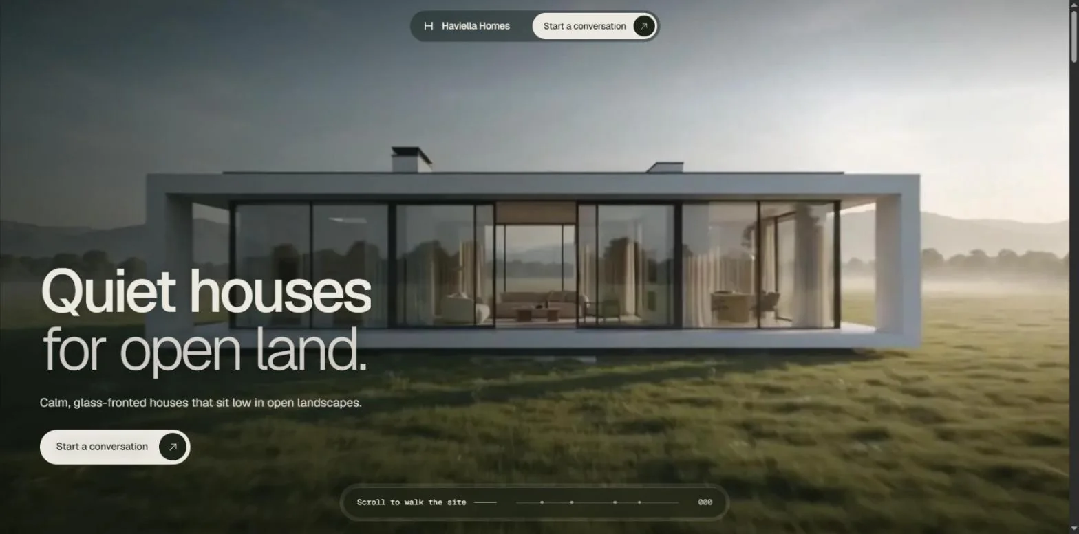 Preview of the Haviella Homes website, glass-fronted houses in open land